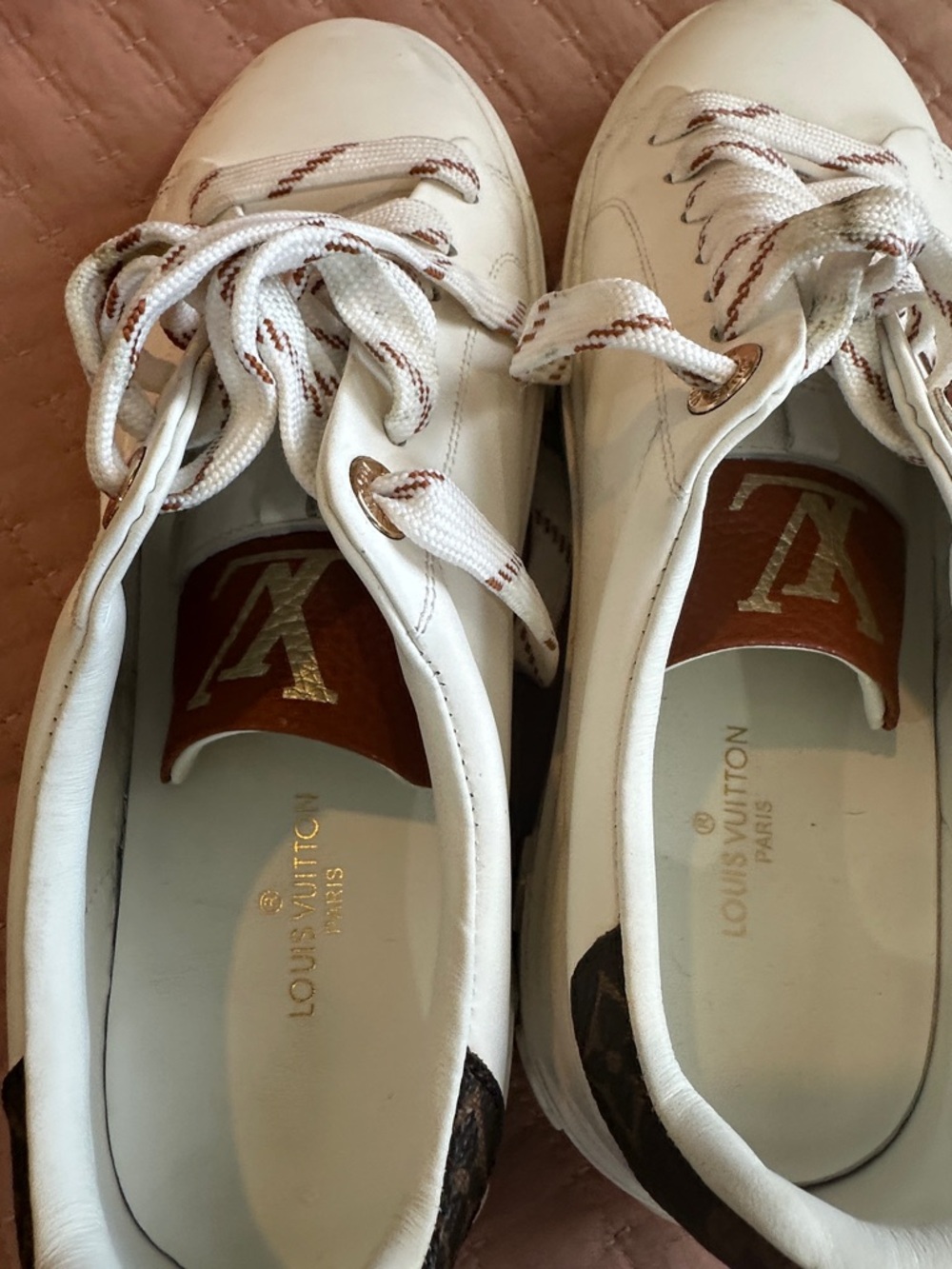 Louis Vuitton White Leather Sneakers with Brown Monogram Detail - Picture 8 of 9